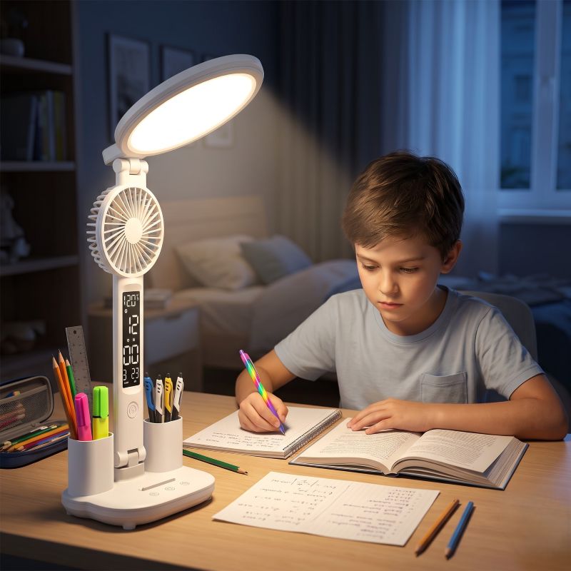 LED Study Lamp with Clock – Rechargeable & Foldable